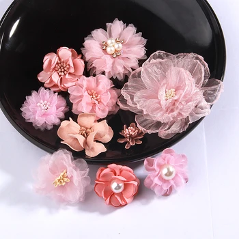10 шт./лот, комплект из смешанных стилей розовой серии, цветы из шифоновой ткани Для маленьких девочек, Заколки для волос, Аксессуары для повязок на голову