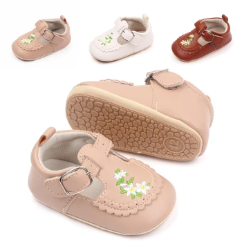 Детская повседневная обувь из искусственной кожи для малышей, красивые цветы, нескользящие мокасины на плоской подошве с мягкой резиновой подошвой, первые ходунки для новорожденных девочек, 6-18 м
