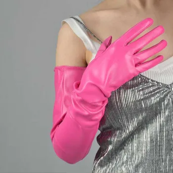 1 пара Кожаных Удлиненных Перчаток для Женщин И Девочек, Розовые перчатки с полными пальцами, Сенсорный Экран, Сексуальные Модные Перчатки из Лакированной Кожи для Ночного клуба