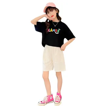 Одежда для девочек, Разноцветная Футболка с буквенным принтом + Шорты, Летний спортивный костюм Для девочек, Корейская мода, Детская одежда 6, 8, 10, 12, 14 ЛЕТ