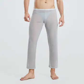 Прозрачные мужские брюки, мягкие дышащие мужские пижамные штаны из шелка льдистого цвета, удобные брюки до середины талии для домашней одежды