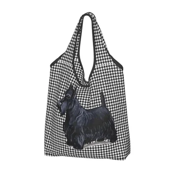Сумки для покупок в стиле шотландского терьера в клетку, женские портативные сумки для покупок большой емкости, сумки для покупок для домашних животных