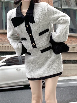 Корейский модный Элегантный комплект из двух предметов, Женский Винтажный костюм с мини-юбкой с бантом, женский теплый Офисный повседневный комплект с длинным рукавом для леди