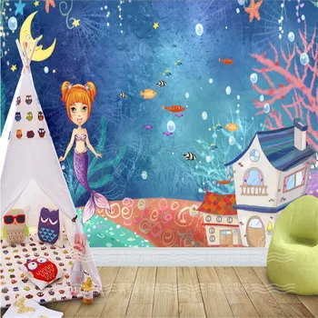 Изготовленный на заказ мультфильм Подводный мир Русалка Фон детской комнаты Фрески Обои для стен детской комнаты 3D Обои Домашний декор