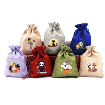 Хэллоуин забавные узоры красочная льняная сумка на шнурке сумка для конфет красивая мультяшная тыквенная сумка для конфет