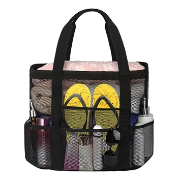 Женская сетчатая пляжная сумка-плюс водонепроницаемая сумка для переноски с защитой от песка с 8 карманами, 1 Внутренний карман на молнии, черный пляж и плавание