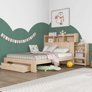 Детская кровать с выдвижными ящиками и книжной полкой, место для хранения из массива дерева, односпальная кровать с решетчатым каркасом, выдвижной ящик для кровати для подростков и взрослых