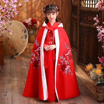 Зимняя новая накидка Hanfu для девочек с вышивкой, длинный плащ, китайская детская накидка в древнем стиле, детская новогодняя одежда, сохраняющая тепло