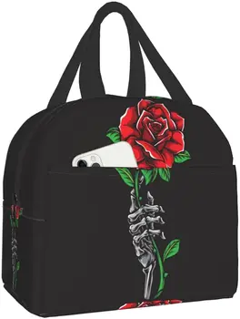 Сумка для ланча для женщин, красная роза, Черная Готическая изолированная сумка для ланча, сумка-холодильник для работы, офиса, школы, пикника, пляжа, Многоразовая сумка для ланча