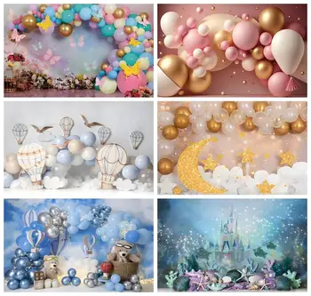 Фон для 1-го дня рождения Laeacco Kids Воздушные шары, Игрушечный цветок, Замок-бабочка, Портрет новорожденного, Фон для фотосъемки торта