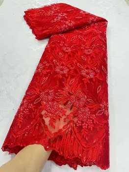 Красная африканская кружевная ткань 2023, высококачественная кружевная ткань из тюля с французскими пайетками, вышитая бисером, для вечернего платья в нигерийском стиле Weeding
