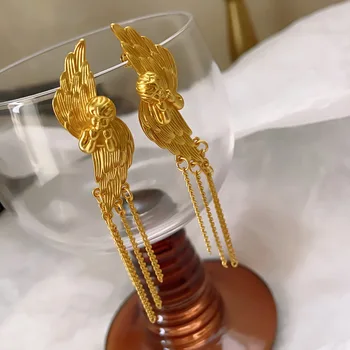 Винтажные серьги с бахромой в виде крыльев ангела металлическая цепочка нишевый дизайн длинная кисточка золотая модная серьга