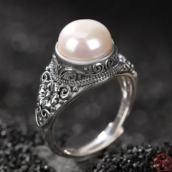 Оригинальные кольца из стерлингового серебра S925 пробы для женщин, новинка, круглый пресноводный жемчуг, винтажный рельефный цветочный узор, регулируемый