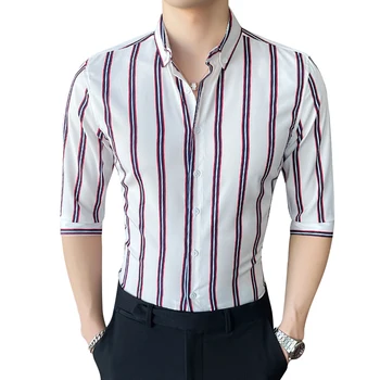 Летняя новая высококачественная рубашка в полоску в корейском стиле 2022, мужская эластичная тонкая молодежная красивая рубашка M-5XL с рукавом три четверти