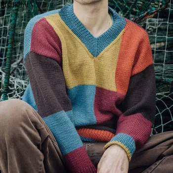Новые мужские повседневные вязаные свитера в стиле пэчворк 2024 года, осенне-зимние пуловеры, мужские теплые свитера с V-образным воротником, праздничная одежда для мужчин