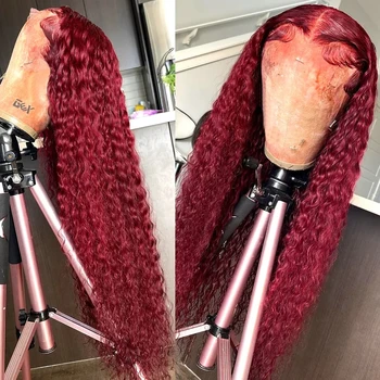 Бордово-красное вино, Густой вьющийся Прозрачный парик на шнурке, длинный парик на шнурке, синтетические волосы, предварительно выщипанные парики для чернокожих женщин