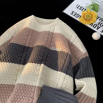 Корейский осенне-зимний Мужской и женский модный свитер в полоску с круглым вырезом, индивидуальность пары, хип-хоп Ретро Harajuku, повседневный топ
