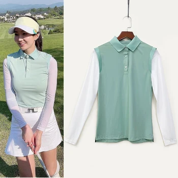 Женская футболка для гольфа с длинным рукавом, летняя тонкая эластичная приталенная вставка, контрастный зеленый шелк льда, быстросохнущий солнцезащитный топ