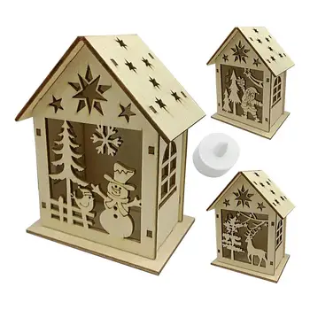 Рождественские домики с подсветкой, Деревенский дом со светодиодной подсветкой, Деревянный встроенный светодиодный светильник, декор в виде снеговиков Санта-Клауса