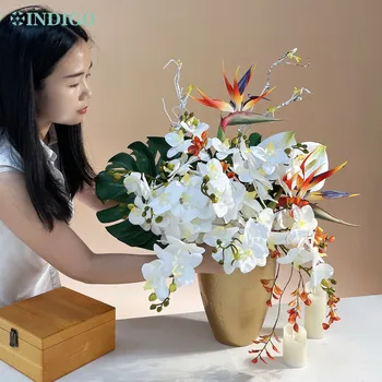 ИНДИГО-Белая орхидея с одной веткой, Райская птица, искусственный цветок с большим зеленым листом, дизайнерский центральный элемент
