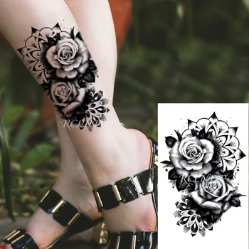 Водонепроницаемая временная татуировка Наклейка Черный дизайн Цветок розы Лист Растения Поддельная татуировка Флэш Тату Боди Арт для девочек Женщин мужчин