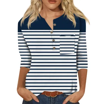 Модный винтажный топ 2024 года для женщин, женская повседневная футболка с рукавом три четверти и воротником на пуговицах, футболка с геометрическим принтом