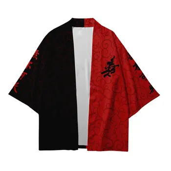 Индивидуальное японское кимоно с принтом Добра и зла, кардиган для мужчин, хаори юката, мужской костюм Самурая, Пляжное мужское кимоно, рубашка-кардиган