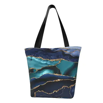 Модный принт Glamour Ocean Blue Marble - Богемная хозяйственная сумка-тоут из переработанного холста с геометрической текстурой на плече для покупок